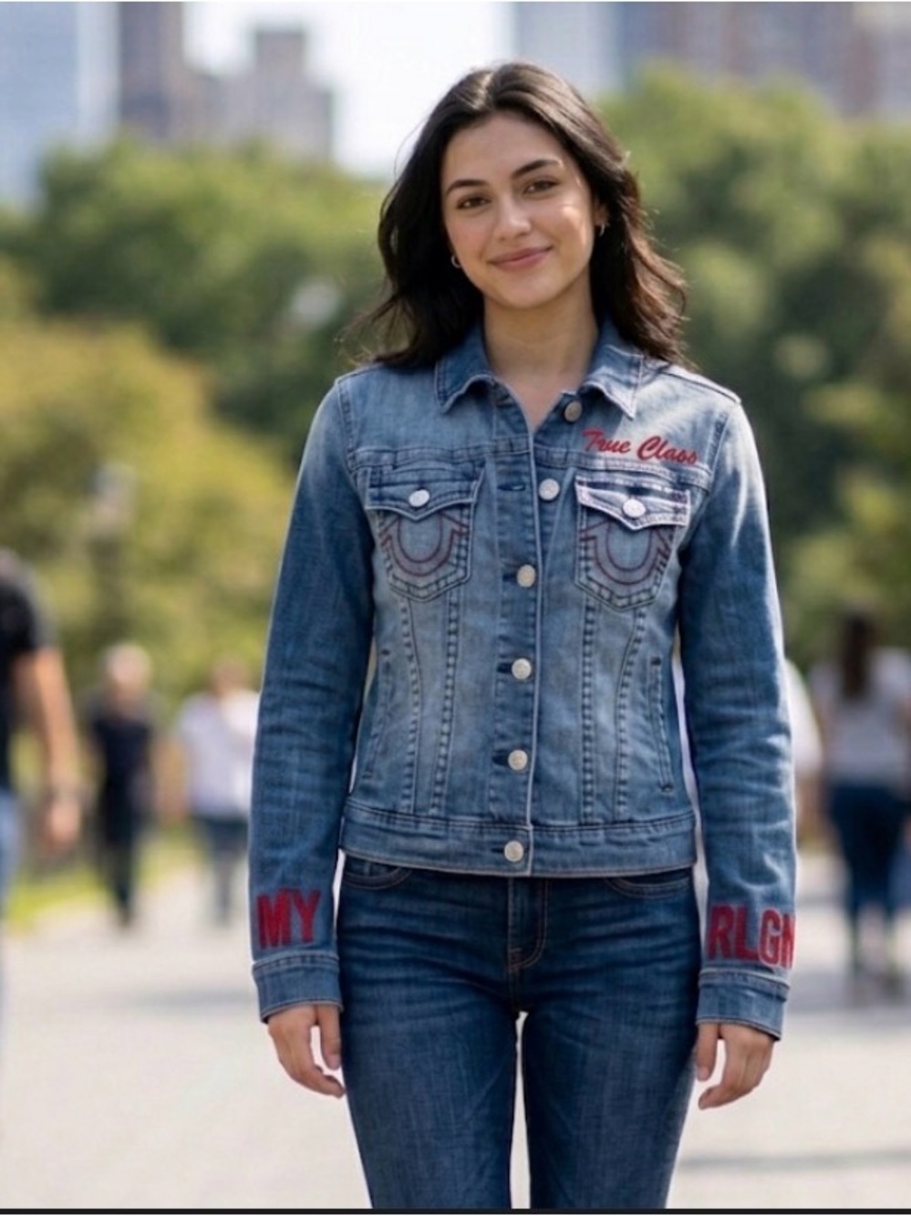 🔥Sale🔥True Religion Women's Denim Trucker Jacket Red Embroidery "True Class" MM
